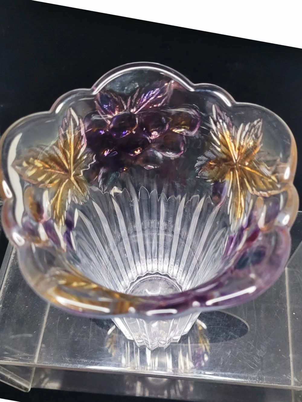 Vintage Crystal Scalloped Rim Vase with Purple and Gold Grape Vine Accents - Picture 5 of 7